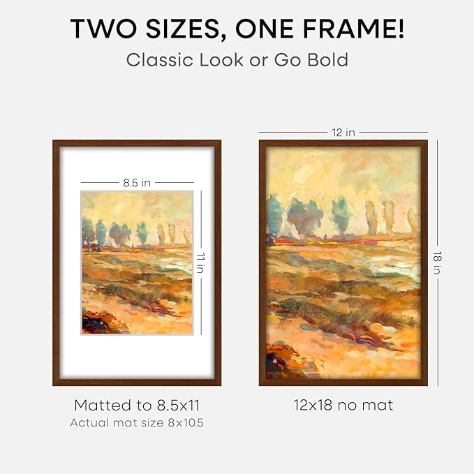 Homeforia 12 x 18 Walnut Wood Frame, High End Dark Oak 12x18 Brown Picture Frame with Mat 8.5x11 Photo, 12 x 18 Wooden Poster Frame Matted to 8.5 x 11, 18x12 Frames, Tempered Glass, Wall Kit, Set of 1-Ruum Studio Home
