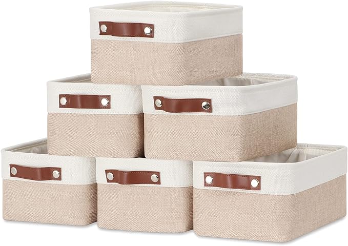 DULLEMELO Small Storage Bins, Storage Baskets for Organizing, Collapsible Rectangular Fabric Baskets for Shelves, Closets, Nursery, Home, Office, Empty Gift Baskets (6-Pack, White&Khaki)-Ruum Studio Home