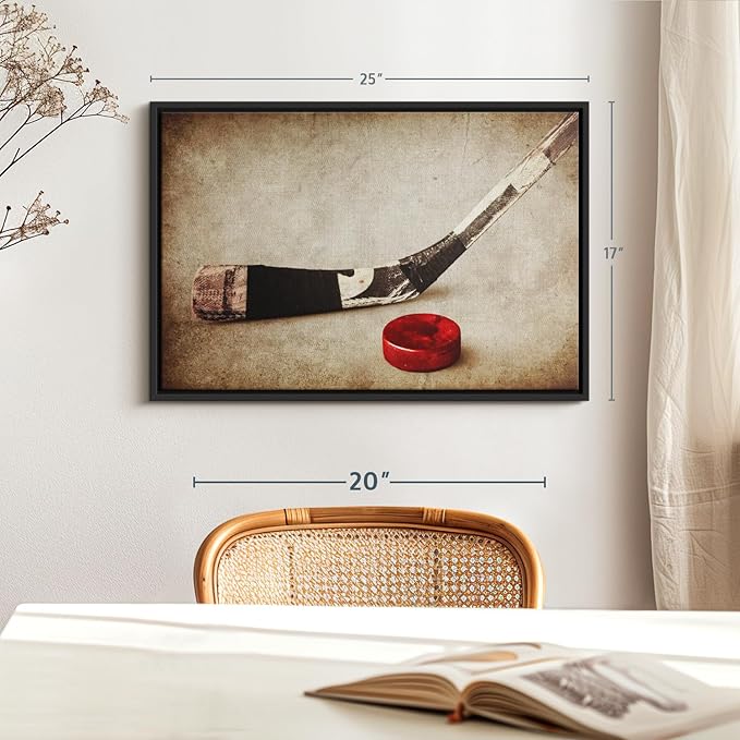 Elephant Stock Vintage Ice Hockey Wall Art - Horizontal Framed Canvas - 1-Piece Hallway Wall Decor - Photography Sports Canvas Print - Brown and Beige Decor for Wall - 25" X 17"-Ruum Studio Home