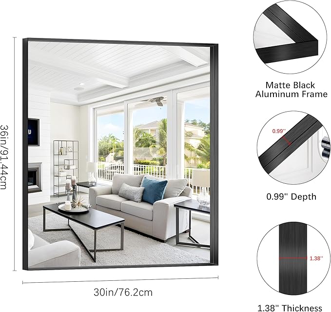 Black Bathroom Mirror, 30x36 Inch Rectangular Framed Mirror, Large Wall Mounted Bathroom Vanity Mirror Over Sink for Bedroom,Restroom, Living Room, Hangs Vertically or Horizontally-Ruum Studio Home