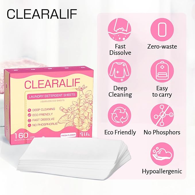 Laundry Detergent Sheets Up to 160 Loads, Fresh Flower - Great For Travel,Apartments, Dorms,CLEARALIF Laundry Detergent Strips Eco Friendly & Hypoallergenic - 80 Sheets-Ruum Studio Home