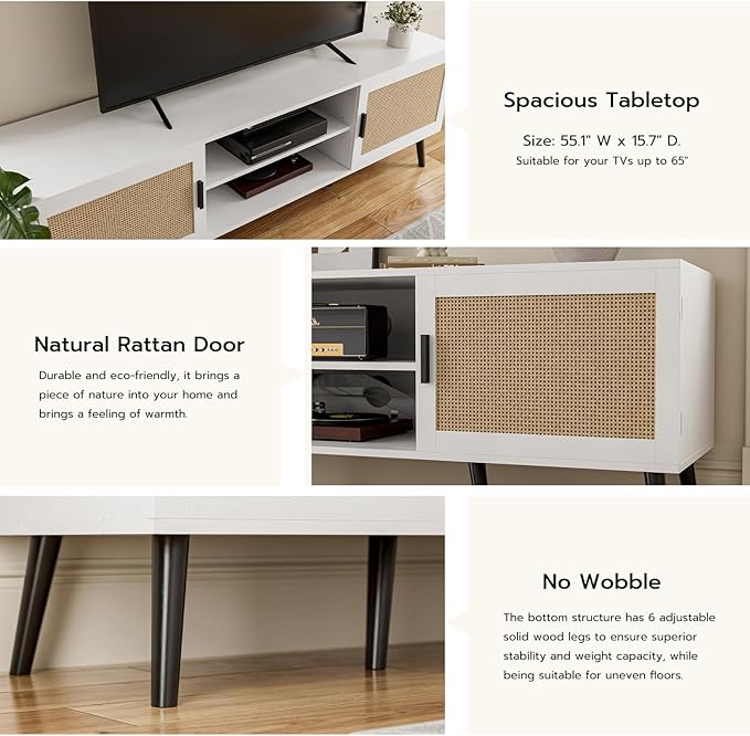 TV Stand for TVs up to 65'', Mid Century Modern Entertainment Center with Rattan Door, Shelves & 2 Cabinets, Boho Media TV Console for Living Room, Bedroom, White-Ruum Studio Home