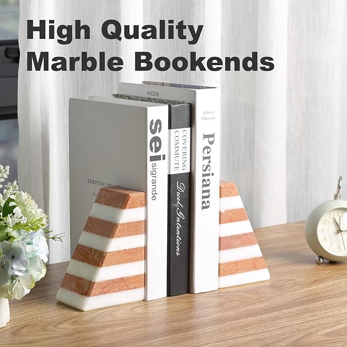 Marble Book Ends, Non-Skid Bookends for Shelves, Composite Bookend with Natural Stone, Heavy Duty Book Stopper, Collected CDs and Oversized Books Organizer, White & Red Decorative Bookends-Ruum Studio Home