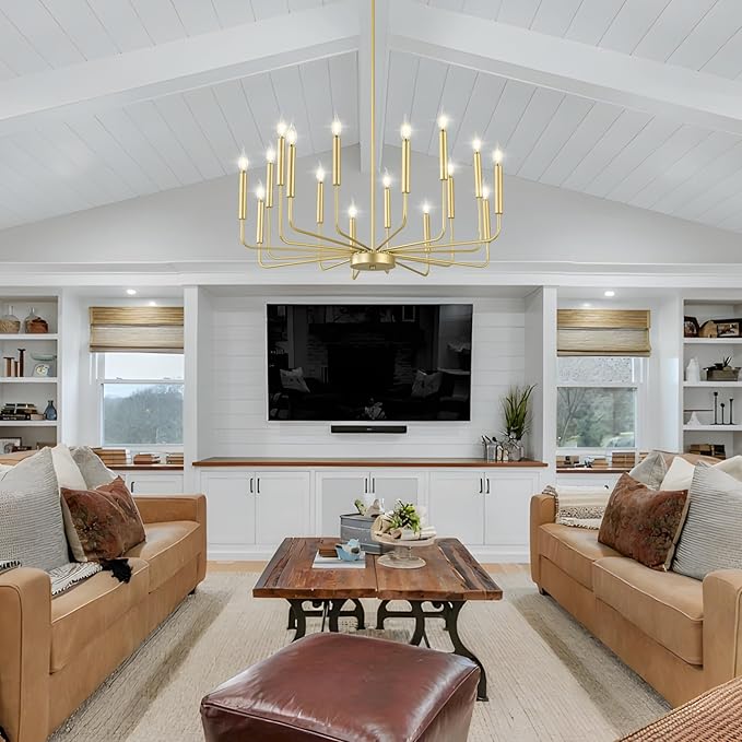Modern Gold Farmhouse Chandeliers, 16-Light Industrial Metal Chandelier Lighting, Classic Candle Hanging Pendant Light Fixtures for Kitchen Island, Living Room, Dining Room, Stair-Ruum Studio Home