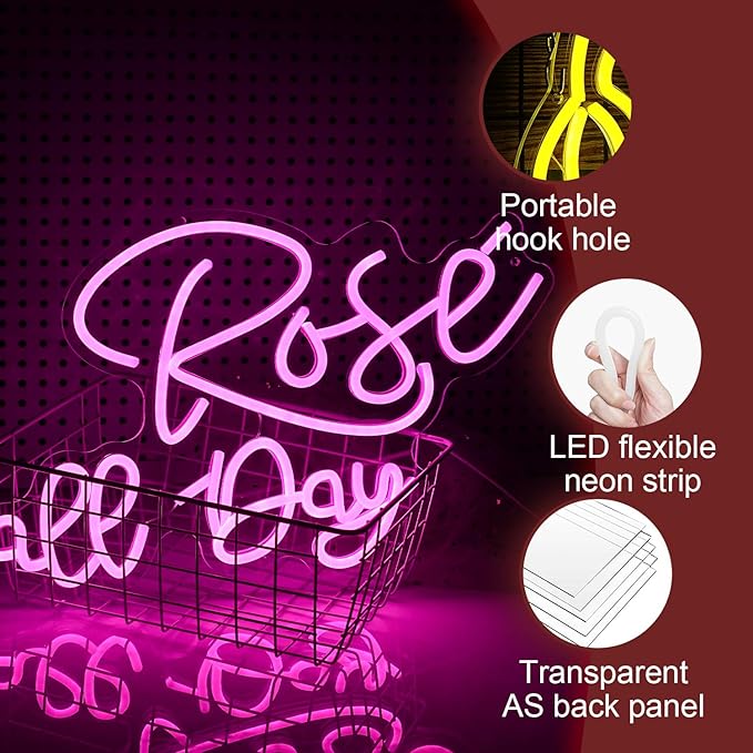 Rose All Day Neon Sign LED Pink Rose Neon Light For Wall Decor Dimmable USB Words Light Up Sign for Bedroom Wedding Party Atmosphere Decor Lovers Gift(12.2 * 16.1 In)-Ruum Studio Home