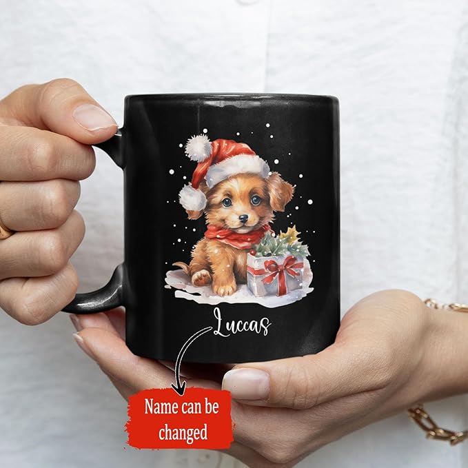 Personalized Name Christmas Puppy Cup - Novelty Coffee Mug 11oz 15oz, Customized Santa Hat Design, Custom Pet Owner Black Ceramic Cup, Gift for Christmas, Puppy Lover-Ruum Studio Home
