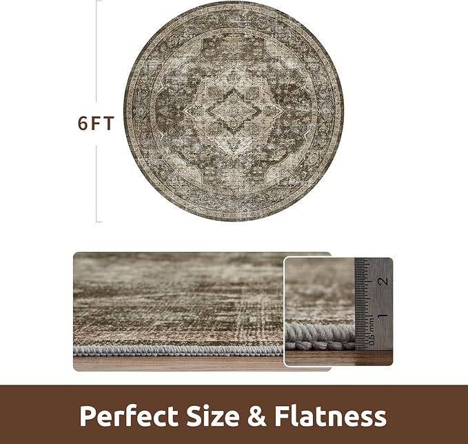 AMOAMI 6FT Round Rug - Vintage Soft Coffee & Brown Rugs for Living Room, Bedroom, Dining Room, Office - Non Slip, Machine Washable-Ruum Studio Home