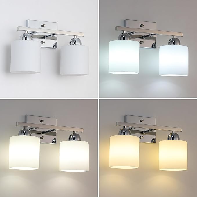 Stainless Steel Milk Glass Vanity Lights for Bathroom, 2 Light Chrome Bathroom Light Fixtures Over Mirror, Ceramic E26 Sockets Wall Mounted-Ruum Studio Home