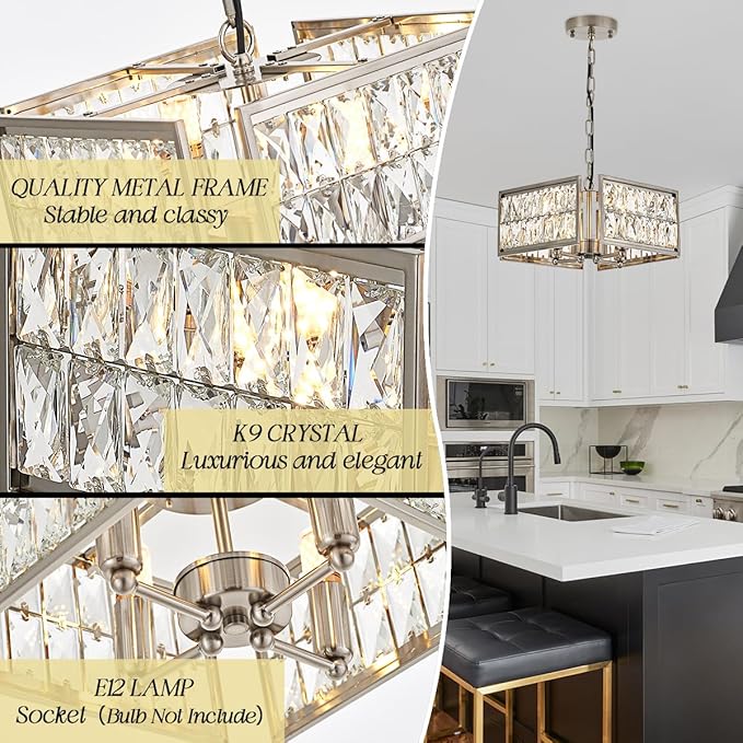 12” 4-Light Modern Crystal Chandeliers Nickel Dinning Room Light Fixture, Square Pendant Light Kitchen Island Chandelier, Flush Mount Ceiling Light for Living Room Entryway Bedroom Foyer-Ruum Studio Home