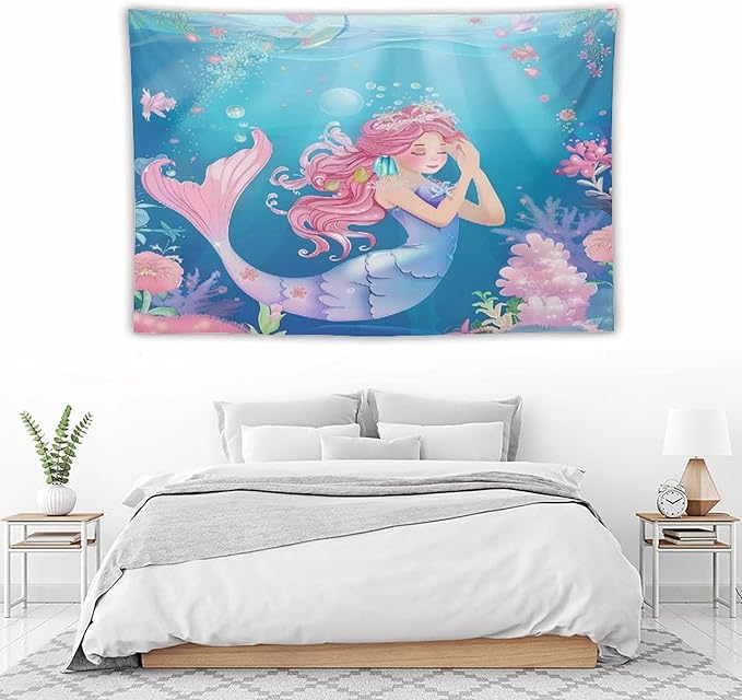 HZOHNAGO Mermaid Girls Tapestry Watercolor Flowers Mermaid Princess Blessing Pattern for Kids Room Decoration Printed Wall Tapestry Wall Hanging for Bedroom Living Room Dorm 90" W x 60" H-Ruum Studio Home