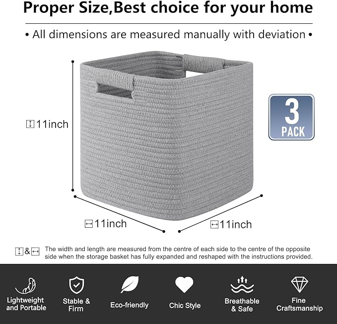 OIAHOMY Storage Cubes 11 Inch Bins-3-Pack, Cotton Rope Woven Baskets for Organizing, Square Storage Baskets for Shelves, Classroom, Kids Toy Bins, Closet, Baby Nursery-Grey-Ruum Studio Home