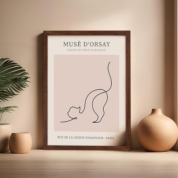 Poster Master Vintage Poster - Retro One Line Cat Drawing Print - Cat Art - Minimal Gift for Men, Women, Animal Lover - Abstract Wall Decor for Home, Office, Bedroom, 16x20 Brown Framed-Ruum Studio Home