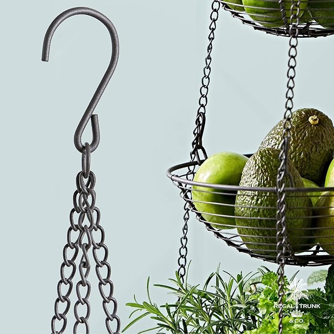 REGAL TRUNK & CO. 3 Tier Hanging Fruit Basket, Farmhouse Wire Basket, Three Tier Fruit Basket for Kitchen for Vegetables, Bread & More, Metal Chain, Hanging Hook and Detachable Round Wire Baskets-Ruum Studio Home