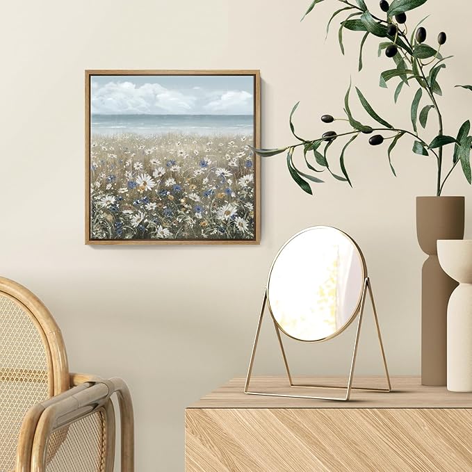 amatop Framed Wall Art Bathroom Décor Boho Beach Coastal Vintage Floral Wall Picture Flower Daisy Flowers by Sea Canvas Print Nautical Small Artwork For Home Farmhouse Living Room Bedroom Office-Ruum Studio Home