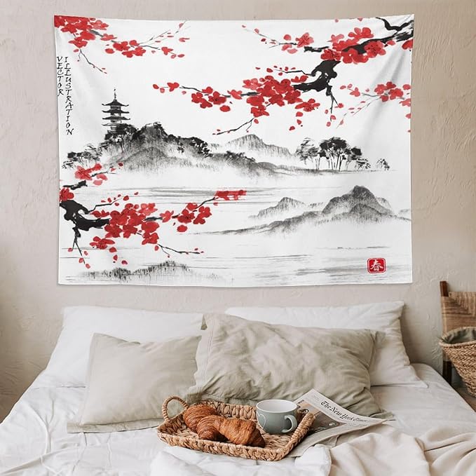 Cherry Blossoms Tapestry, Japanese Fuji Mountain Tapestry, Asian Japanese Wall Tapestry, Nature Landscape Tapestries for Bedroom Living Room Decor 80"x60"-Ruum Studio Home