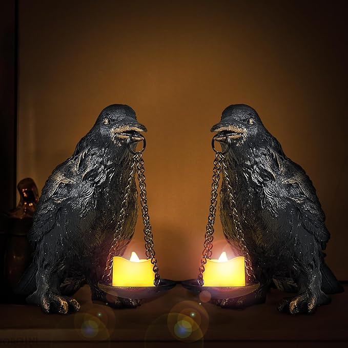 Raven Gothic Home Decor Fake Crow Light Holder Raven Lamp Tealight Candle Holder Resin Raven Statue Wearing Gold 2PCS-Ruum Studio Home