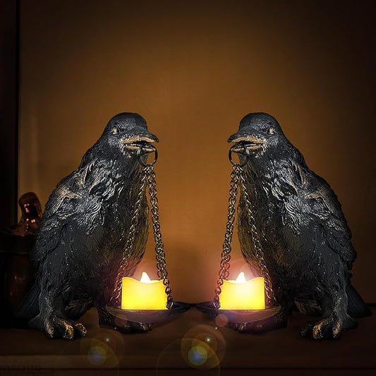 Raven Gothic Home Decor Fake Crow Light Holder Raven Lamp Tealight Candle Holder Resin Raven Statue Wearing Gold 2PCS-Ruum Studio Home