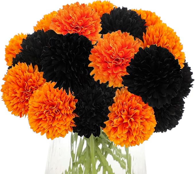 Kimura's Cabin 20Pcs Faux Mums Flowers Fake Chrysanthemum Artificial Silk Ball Flowers for Halloween Garden Home Kitchen Table DIY Decoration Center Fall Bouquets (Orange Black)-Ruum Studio Home