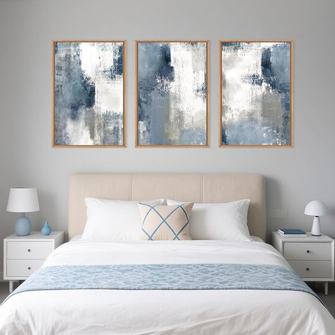LHIUEM Large Abstract Brush Strokes Framed Canvas Wall Art Set,Navy Blue and Gray Wall Decor,Modern Color Block Shape Artwork,Minimalist Neutral Blue Printing for Living Room,Bedroom, Office-16''x24''x3-Ruum Studio Home