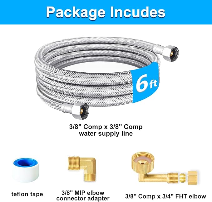 Dishwasher Installation Kit - 6 FT Premium Stainless Steel Braided Dishwasher Hose kit,Food Grade PEX Inner Tube Dishwasher Water Supply Line with 3/8"x3/8"MIP Elbow,3/8"x 3/4" FHT Elbow-Ruum Studio Home