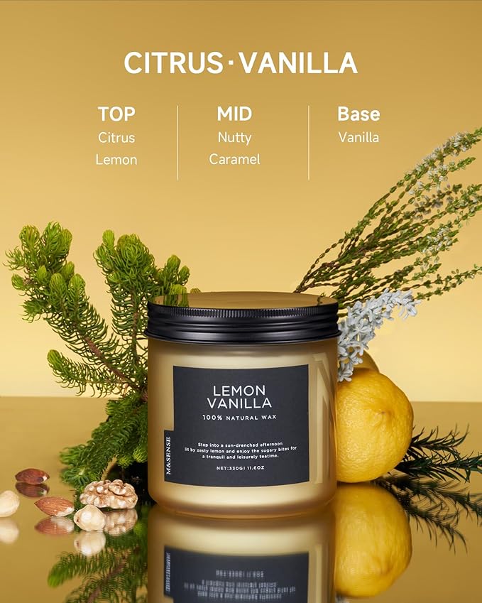M&SENSE Candles Lemon Vanilla Scented, 11.6oz 70 Hour Long Lasting Candles for Home, 2 Wick Natural Soy Wax in Glass Jar, Stress Relief Gifts for Women and Men-Ruum Studio Home