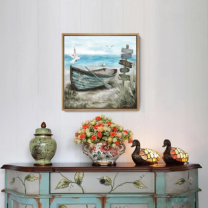 Framed Wall Art Beach Décor Ocean Canvas Picture Coastal Artwork Sea Bird Boat Blue Tan Small Rustic Beachy Canvas Print for Bathroom Bedroom Living Room-Ruum Studio Home