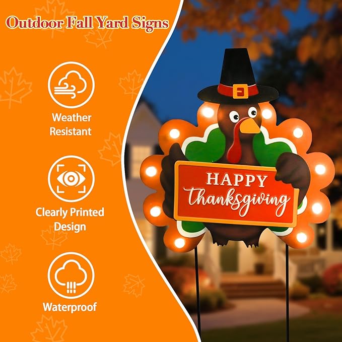 2 PCS Fall Decorations Outdoor Metal Happy Thanksgiving Decorative Garden Stakes with Led Light Welcome Pumpkin Turkey Yard Signs Fall Harvest Lawn Garden Lawn Pathway Decor-Ruum Studio Home
