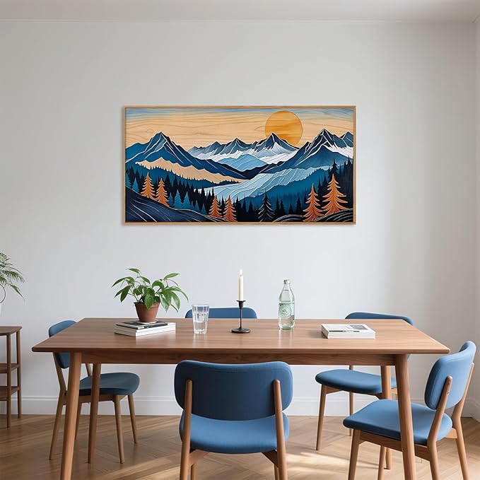 Blue Woodcut Mountain Framed Canvas Wall Art Set, Boho Abstract Ridge Wall Decor, Pine Tree Landscape Wall Painting, Sunrise Forest Art Print for Living Room, Bedroom, Office - 20"X40"-Ruum Studio Home