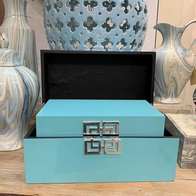 Galt International Large & Small Decorative Storage Box w/Hinged Lid - Classic Design Wood Decor Boxes with Geometric Opening Clasp - Storage for Bedroom and Home - Set of 2 (Blue)-Ruum Studio Home