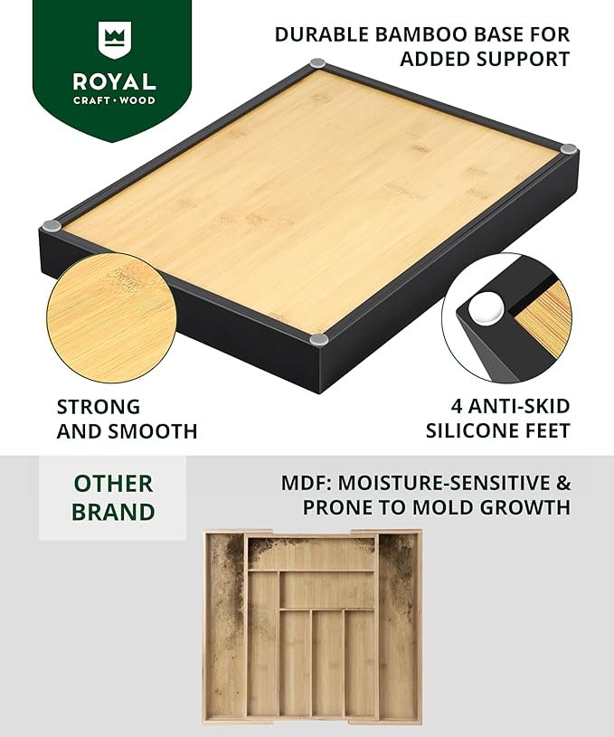 ROYAL CRAFT WOOD Luxury Bamboo Kitchen Drawer Organizer - Silverware Organizer - Utensil Holder and Cutlery Tray with Grooved Drawer Dividers for Flatware and Kitchen Utensils (7 Slot)-Ruum Studio Home