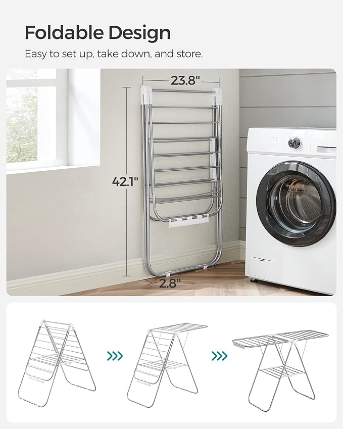 SONGMICS Clothes Drying Rack, with Sock Clips, Metal Laundry Rack, Foldable, Space-Saving, Free-Standing Airer, with 2 Height-Adjustable Gullwings, Indoor Outdoor Use, Silver and White ULLR052W01-Ruum Studio Home