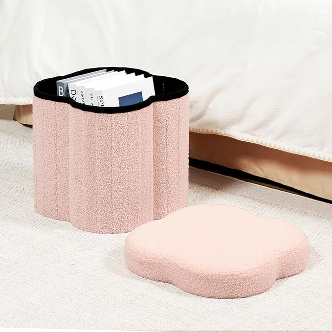 B FSOBEIIALEO Storage Ottoman Cube, Flowers Shaped Ottomans with Storage Foot Stool Footrest for Lving Room, Boucle Ottoman Seat for Dorm Room,Faux Teddy Fur, Pink 12.6"x12.6"x12.6"-Ruum Studio Home