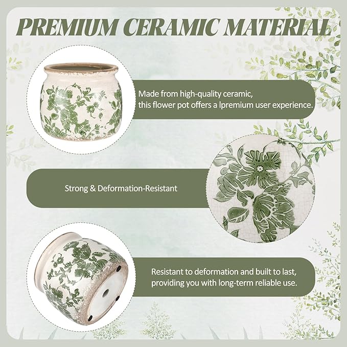 2 Pcs Vintage Planter Large Ceramic Plants Pot Beige Green Vintage Floral Ice Crack Cottage Scroll Vase Flower Vase Pot Indoor Plants Home Kitchen Decor Farmhouse Antique Decorative Gifts-Ruum Studio Home