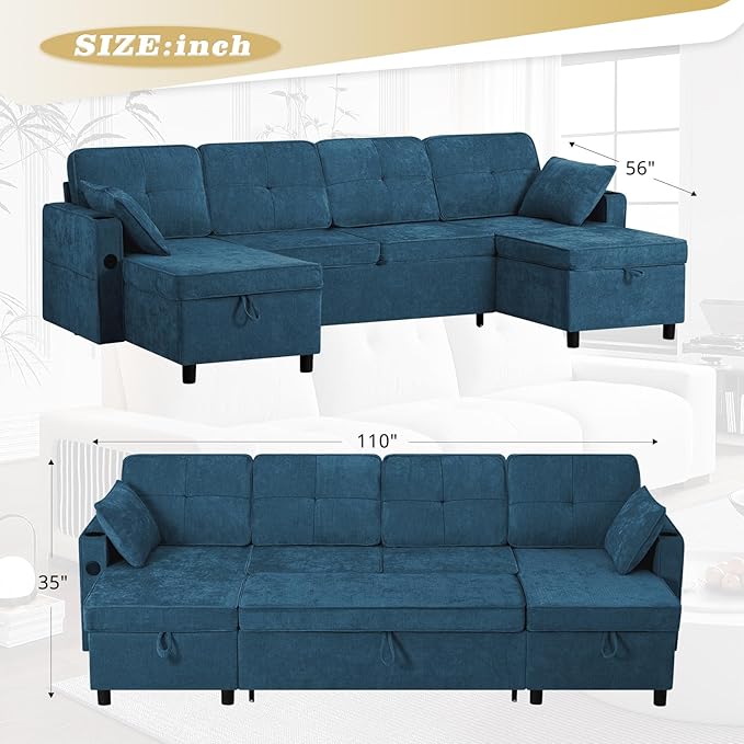 110 Inches Chenille Sectional Sofa w/Pull Out Sofa Bed & Adjustable Back, Tufted U Shaped Couch w/Two Storage Chaises, Sleeper Sectional Sofa w/USB Port & Cup Holders for Living Room, Blue-Ruum Studio Home