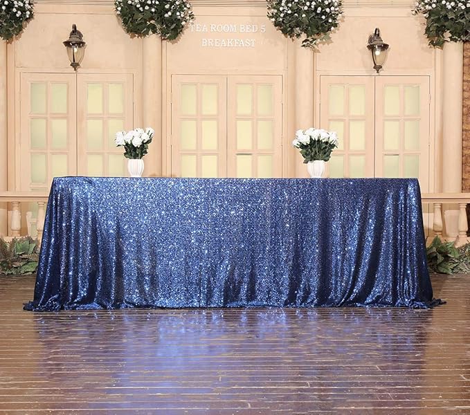 SquarePie Sequin Tablecloth Rectangular 90 x 132 Inch Navy Blue Bling Sparkly Table Linen for Wedding Party-Ruum Studio Home