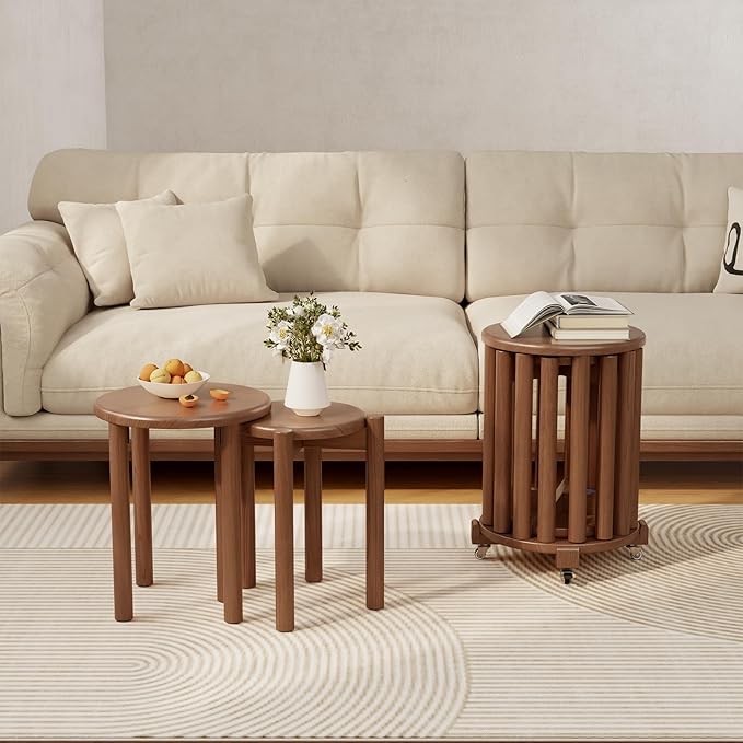 Stackable Stools Set of 4, Wooden Stool 18 Inch Stool Stackable Side Tables Nesting Table Sturdy and Durable, No Installation Required for End Table,Top Stackable Round Stools (Walnut Mobile)-Ruum Studio Home