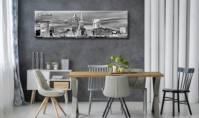 Cleveland Skyline Decor Wall Art Canvas Prints Black and White Night View USA Cityscape Panoramic Painting for Bedroom Office Framed and Ready to Hang 13.8"x47.3"-Ruum Studio Home