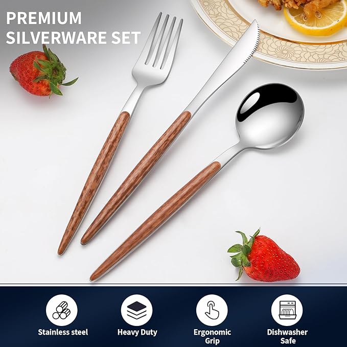 16 PCS Silverware Set for 4,Stainless Steel Flatware Cutlery Eating Utensils Set with Wood Grain Handle,Steak Knives Forks and Spoons for Home,Party,Mirror Polished and Dishwasher Safe-Ruum Studio Home