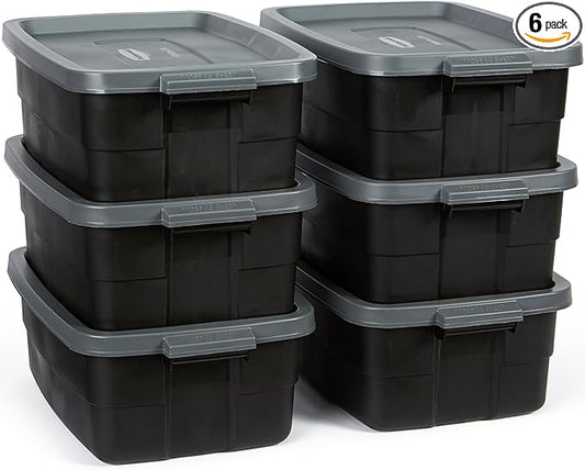 Rubbermaid Roughneck Tote 10 Gal, 6 Pack, Made in USA, Black & Gray, Rugged Plastic Stackable Storage Bins with Lids and Handles-Ruum Studio Home