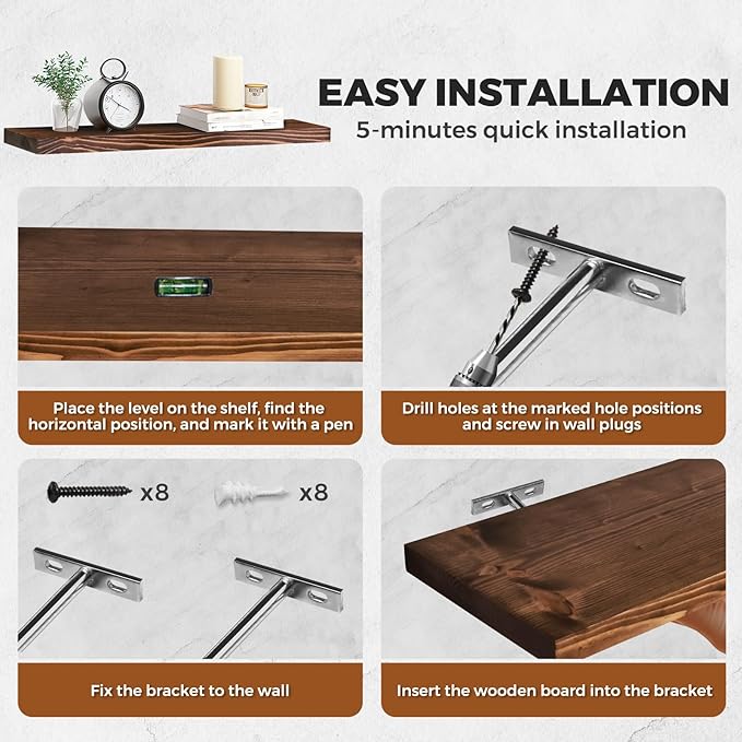 Floating Wall Shelves 2-Pack - Rustic Brown 16-inch Wooden Wall Shelves for Storage and Décor, Multi-Functional and Easy to Install for Living Room, Bedroom, and Kitchen-Ruum Studio Home