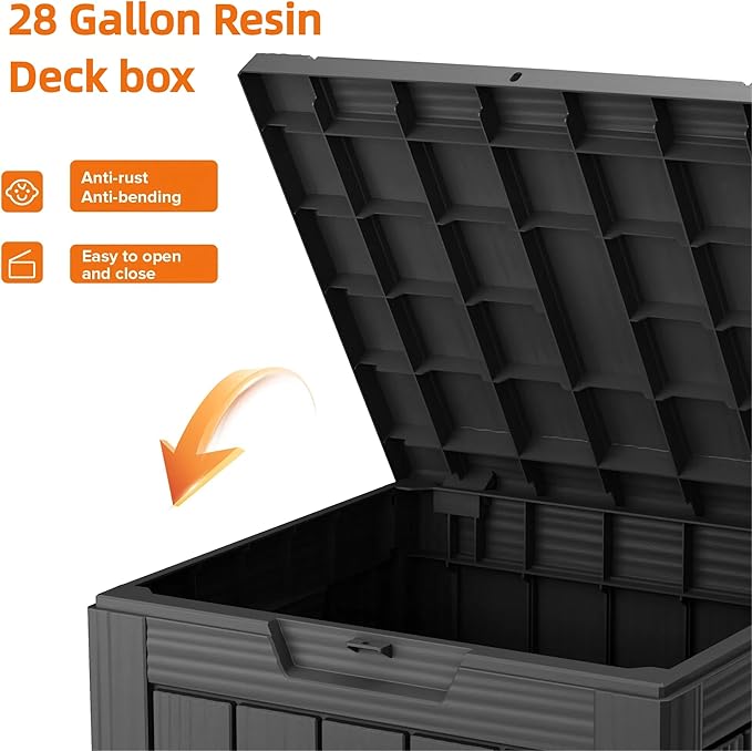 Outdoor Storage Box 28 Gallon, Deck Box Waterproof Resin with Lockable Lid, UV-Resistant Patio Storage Box for Pool Supplies, Garden Tools, Black-Ruum Studio Home