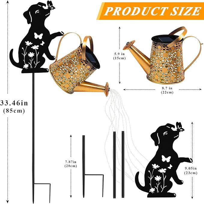 Solar Lights Outdoor Decorative, Watering Can with Cascading Lights, with Dog Silhouette Garden Stakes, Waterproof Metal Garden Decor for Yard Art, Outside, Patio, Lawn Ornaments(1 Pack)-Ruum Studio Home