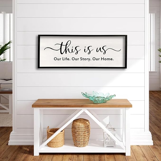 This is us Wall Decor Sign 32'' x 12'' Large Master Bedroom Home Life Story Wood Framed Vintage Family Sign Rustic Plaque Living Room Minimalist Farmhouse Hanging Wall Art (Black)-Ruum Studio Home