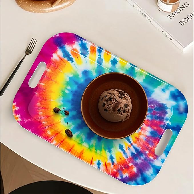 Serving Trays with Handles, 14.5 x 9.8 inch Rectangular Plastic Tray for Restaurant, Kitchen, Tie-Dye Colorful Spiral Patterns-Ruum Studio Home