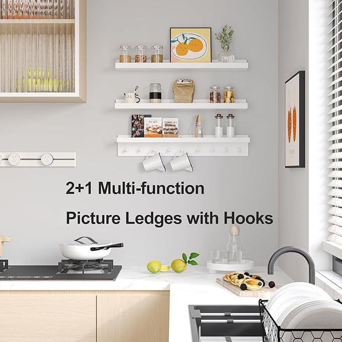 MBYD White Floating Shelves for Wall with Hooks, Nursery Book Shelves for Kids Room, 36 Inch Wall Mount Bookshelf for Living Room Bedroom Bathroom Kitchen, Hanging Picture Ledge Shelf Set of 3-Ruum Studio Home