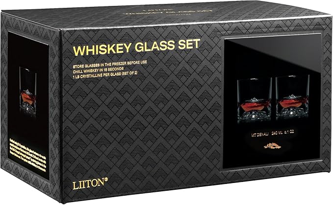 Denali Mountain Heavy Crystal Whiskey Glasses Gift Set of 2, Thick Freezable Bourbon Glass 1lb Each, Premium Whiskey Gifts for Men, Frozen Crystal Chills Cocktails, 10 oz-Ruum Studio Home