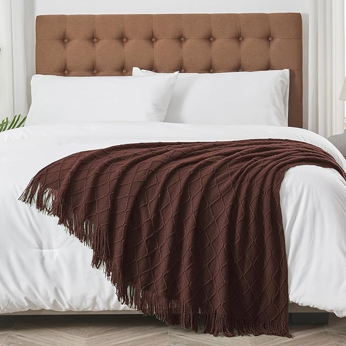 inhand Knitted Throw Blankets for Couch and Bed, Soft Cozy Knit Blanket with Tassel, Diamond Brown Lightweight Decorative Blankets and Throws, Farmhouse Warm Woven Blanket for Men and Women, 50"x60"-Ruum Studio Home
