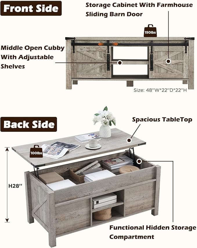 OKD 48" Farmhouse Lift Top Coffee Table with Sliding Barn Door, Rustic Center Table w/Hidden Storage Compartment, Lift Tabletop Dining Table w/Adjustable Shelf for Living Room,Light Rustic Oak-Ruum Studio Home
