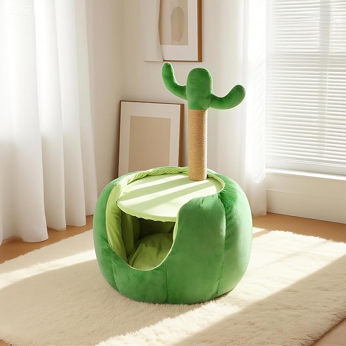 Cat Houses for Indoor Cats, Small Cat Tree with Sisal Ropes and Plush Perch, Cute Cat Bed Cave with Soft Pillow, Cactus Design-Ruum Studio Home