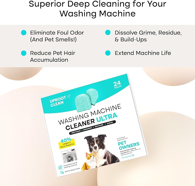 Uproot Clean Washing Machine Cleaner Tablets Ultra - 40% Stronger Formula: Designed for Pet Owners, Remove Residue, Grime & Odors, Compatible with HE, Top & Front Load, 24 Pack - 12 Month Supply-Ruum Studio Home